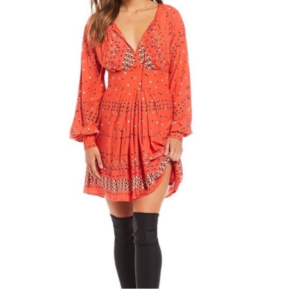 Free People Long Sleeve Coryn Mini Dress Size 2 NWT Coral Boho Cottagecore Hip